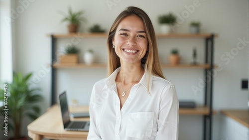 Female entrepreneur smiling in a modern office setting.