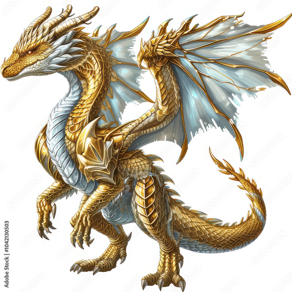 Fototapeta premium A majestic golden dragon with intricate scales and large wings isolated on white background, exuding power and elegance.