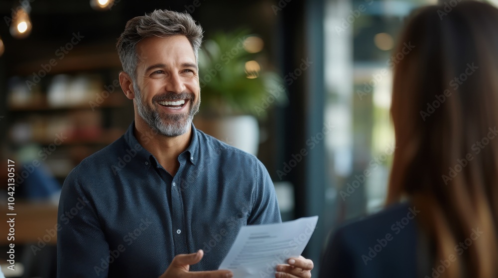 Confident Man in Job Interview with Resume in Hand Confident Man in Job Interview with Resume in Hand