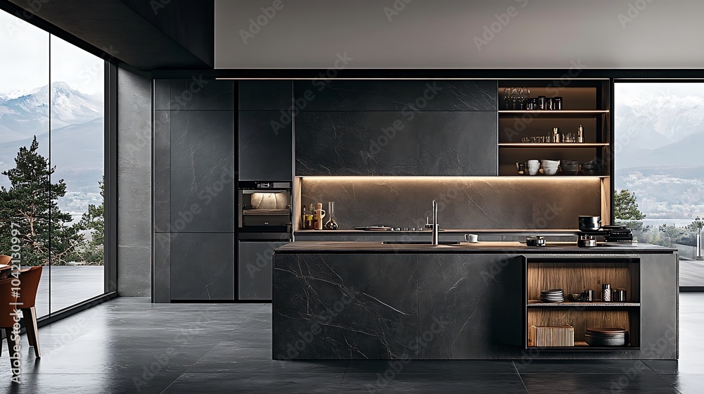 Modern kitchen with black cabinets and a large island, overlooking a mountain view. Modern kitchen with black cabinets and a large island, overlooking a mountain view.