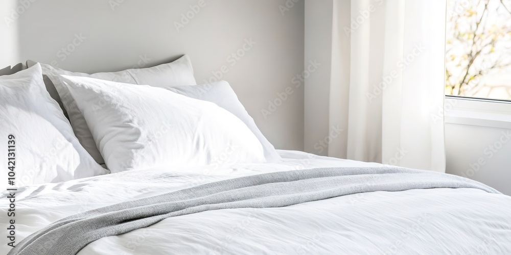 Cozy bedroom with sunlight and clean bedding Cozy bedroom with sunlight and clean bedding