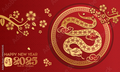 Lunar New Year themed paper graphic with oriental peach blossoms and 2025 snake (Translation : Happy new year )	