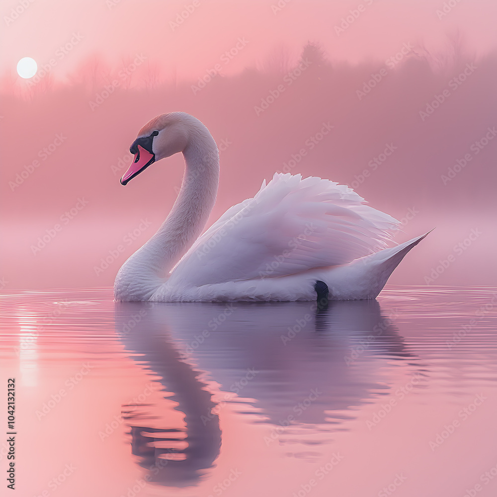 Fototapeta premium Graceful white swan gliding across a tranquil lake at sunset with a pink sky. 
