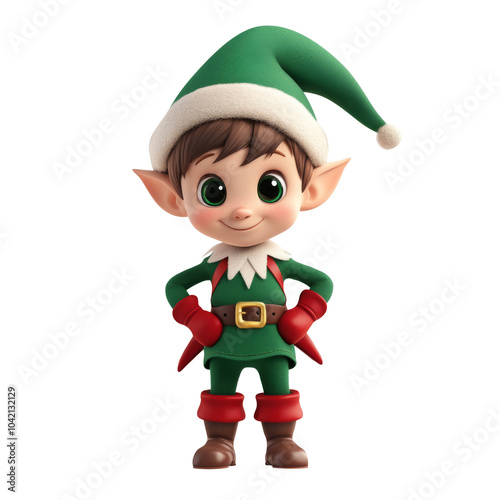 cute little kid wearing green elf Christmas costume on white background. Generative AI