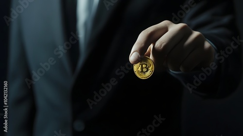 A man's hand holds out a bitcoin, the gold coin representing digital currency.