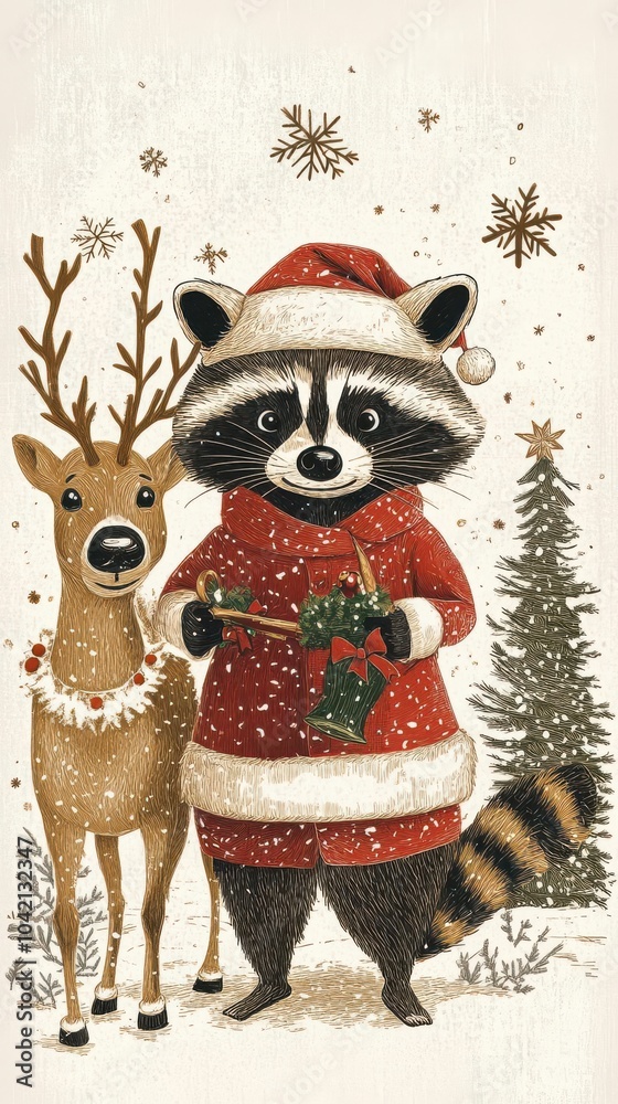 Fototapeta premium Front view of a raccoon, Christmas attire, guiding a reindeer through winter wonderland, retro line art, minimalist, exuding winter festivity and cheekiness, white canvas