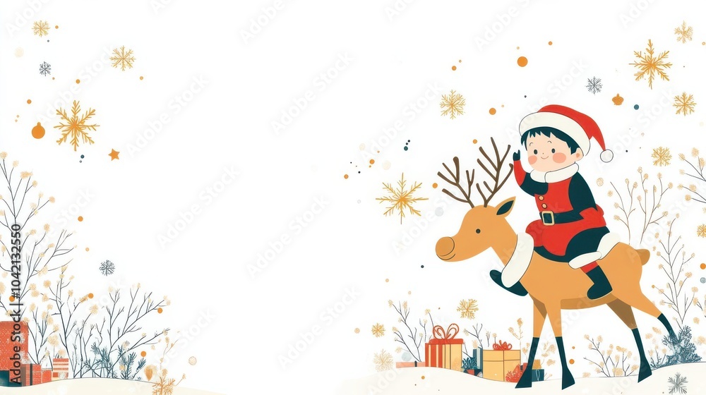 Flat design, line art, child in Santa gear, tilted angle, riding a reindeer, feral theme, snowflakes, winter scene, playful Christmas tone, white backdrop, digital elegance