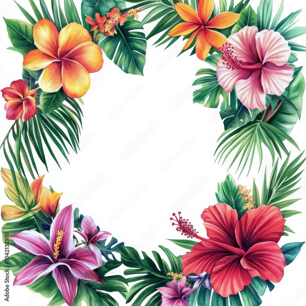 Obraz premium A lush tropical frame of watercolor palm leaves and vivid flowers such as heliconia and hibiscus, creating a bold border for a summer sale poster, wedding invitation, or party invite. The isolated