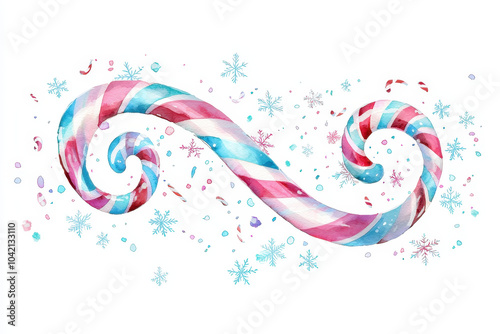 Colorful candy cane swirls surrounded by snowflakes, evoking a whimsical holiday atmosphere.