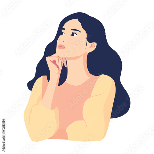 Vector illustration of an adult woman thinking with her hand on her chin