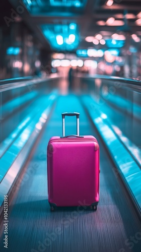 Pink suitcase is standing on a moving travelator in an airport terminal, ready for a business trip or holiday vacation photo