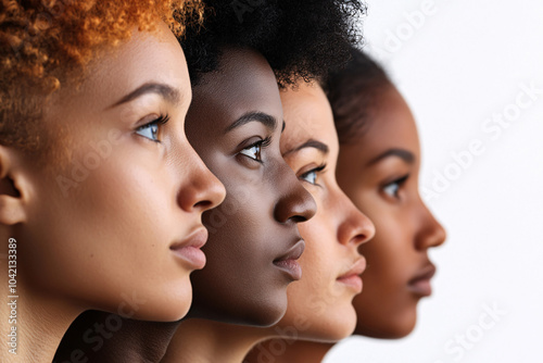 Multi-ethnic beauty and friendship. Group of beautiful different ethnicity women on background, Diversity, beauty and portrait of women from above with smile, self love and solidarity in studio. 