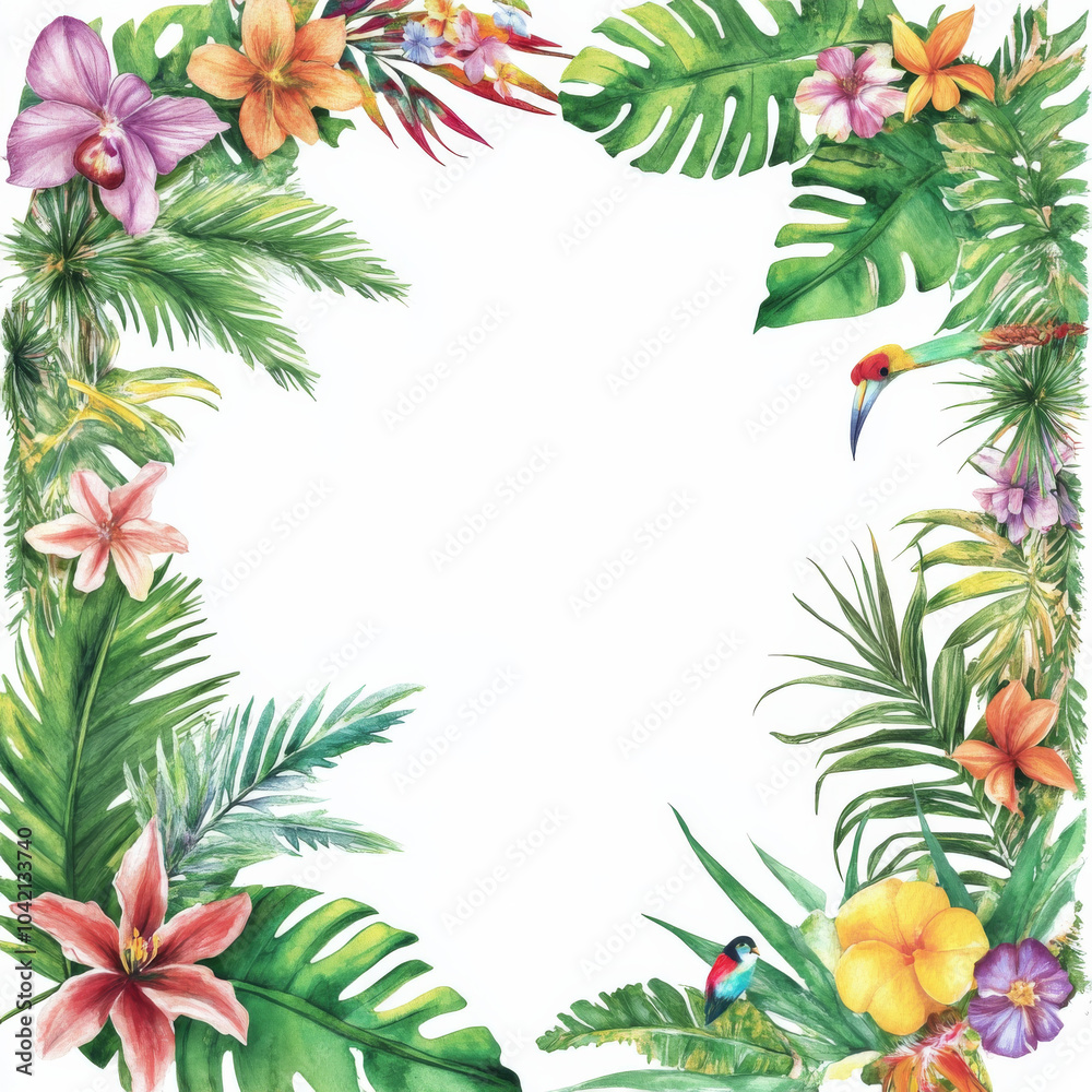 A watercolor tropical frame featuring palm leaves and bright flowers like orchids and birds of paradise. This exotic border is ideal for a wedding invitation, summer party flyer, or tropical-themed A watercolor tropical frame featuring palm leaves and bright flowers like orchids and birds of paradise. This exotic border is ideal for a wedding invitation, summer party flyer, or tropical-themed