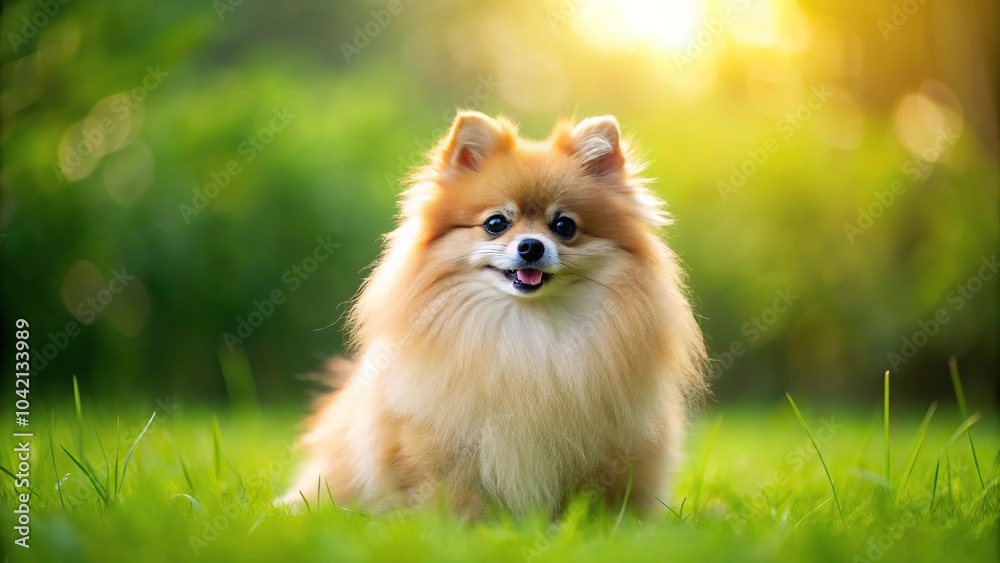 Cute Pomeranian Spitz dog on green grass background long shot Cute Pomeranian Spitz dog on green grass background long shot