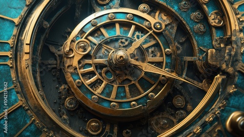 Close-up of an intricate clock face with gold gears and turquoise accents.