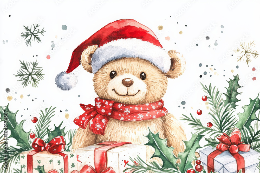 A hand-drawn watercolor scene of a Teddy bear wearing a Santa hat, surrounded by festive elements like holly, presents, and snowflakes. The cheerful character and Christmas decorations make this ideal A hand-drawn watercolor scene of a Teddy bear wearing a Santa hat, surrounded by festive elements like holly, presents, and snowflakes. The cheerful character and Christmas decorations make this ideal