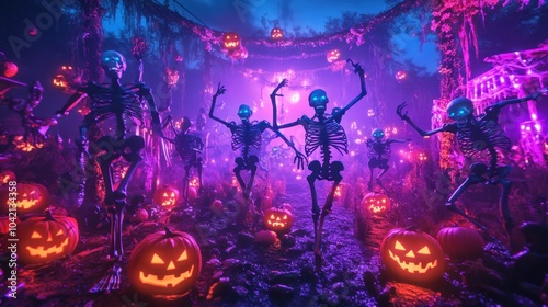 Brightly colored skeletons dancing in a glowing Halloween graveyard with neon jack-o-lanterns lighting the scene.