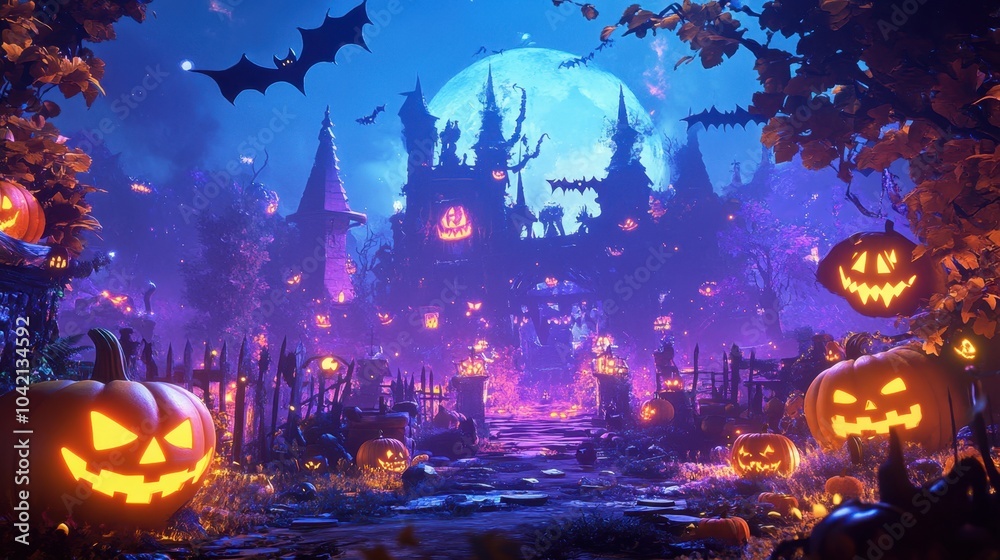 Brightly colored witches and wizards casting spells in a glowing Halloween forest with vibrant pumpkins and playful bats. Brightly colored witches and wizards casting spells in a glowing Halloween forest with vibrant pumpkins and playful bats.