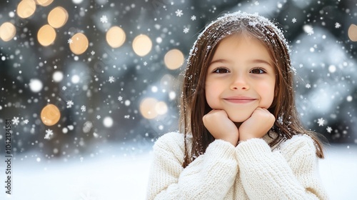 A little girl with brown hair poses outdoors in a winter forest, her hand on her chin as snowflakes gently fall around her