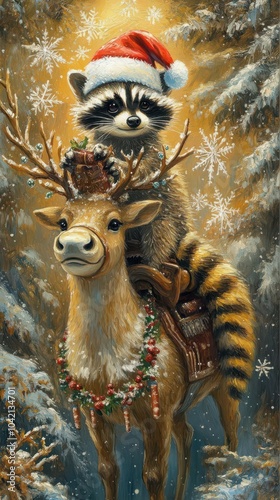 An oil painting replica showcasing a mischievous raccoon with a Santa hat photo