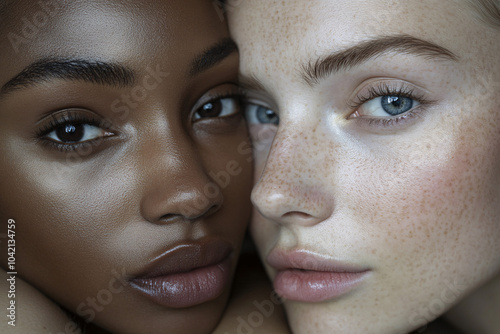 Multi-ethnic beauty and friendship. Group of beautiful different ethnicity women on background, Diversity, beauty and portrait of women from above with smile, self love and solidarity in studio. 