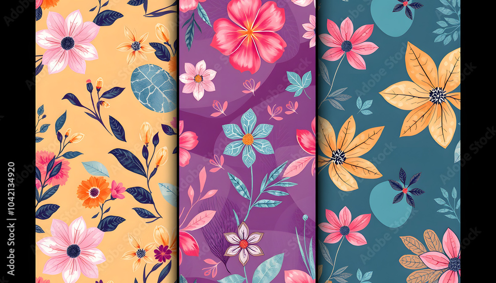 Set of three vector seamless patterns in modern abstract style with nature motifs, flowers, leaves and texture with a white accent, png Set of three vector seamless patterns in modern abstract style with nature motifs, flowers, leaves and texture with a white accent, png