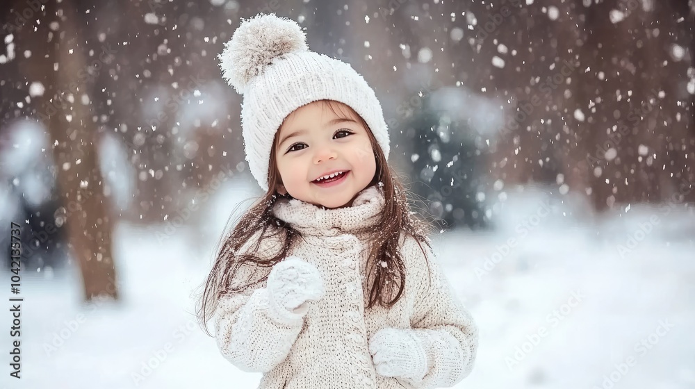 A little girl with brown hair poses outdoors in a winter forest, her hand on her chin as snowflakes gently fall around her A little girl with brown hair poses outdoors in a winter forest, her hand on her chin as snowflakes gently fall around her