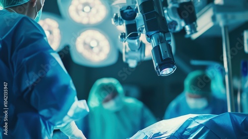 A surgical robot assisting in a complex brain surgery, sterile and high-tech operating room with surgeons, Neurosurgical Robotics style