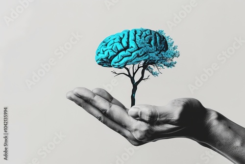 hand palm facing upwards holding a small tree made of blue and black leaves, half of the tree is half of a human brain,  Generative Ai  photo