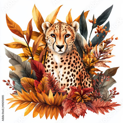 A graceful cheetah crouched among colorful autumnal jungle plants, with large tropical leaves framing the scene. The watercolor illustration is isolated on a white background for a safari-themed photo