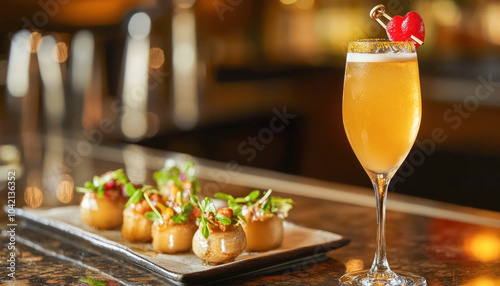 Golden cocktail being served with appetizer plate at bar