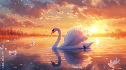 Fototapeta Naklejka Na Ścianę i Meble -  A serene mute swan glides effortlessly across a lake at sunset, its iridescent feathers radiating a warm golden glow, evoking a sense of magical tranquility. Iridescent Lake. Illustration