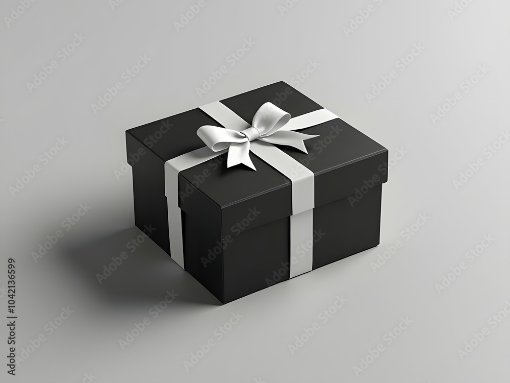 Black and white gift box with ribbon on neutral background Black and white gift box with ribbon on neutral background