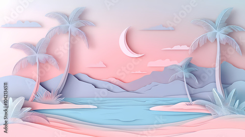 A serene tropical landscape depicted in a paper-cutout style with pastel colors featuring palm trees, a crescent moon and calm waters. Crescent Moon Beach. Illustration photo