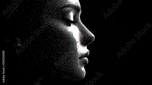 A side profile of a woman's face made of digital dots and nodes, blending traditional portraiture with modern digital design concepts. Pointillist Portrait. Illustration