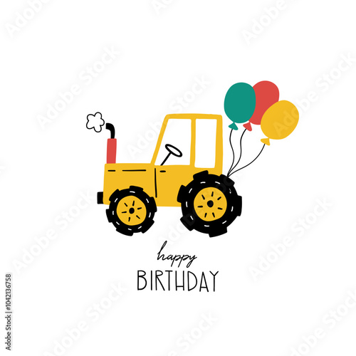 Hand drawn happy birthday card with cute cartoon car tractor with balls and lettering Happy Birthday. Vector illustration. Good for posters, t shirts. Baby boy greeting card. Baby boy greeting card