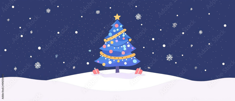 Fototapeta premium A colorful Christmas tree adorned with lights and decorations, set against a snowy background and starry night sky.