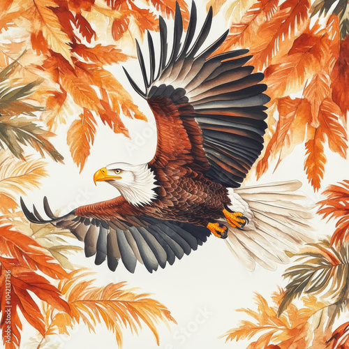 A soaring eagle gliding above a canopy of autumn-colored tropical leaves, hand-painted in watercolor. The isolated bird adds a majestic touch to jungle and safari-themed designs. photo