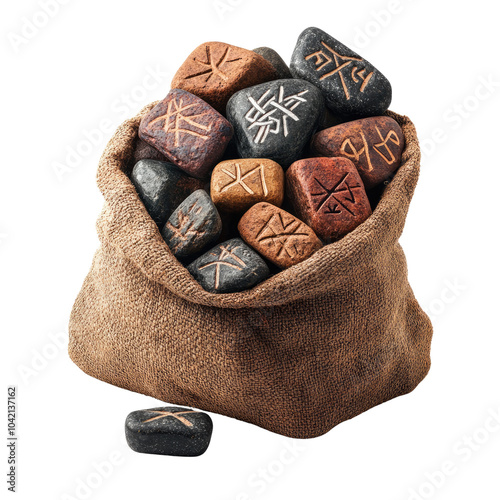 A bag filled with rune stones, featuring various symbols, perfect for divination and spiritual practices.