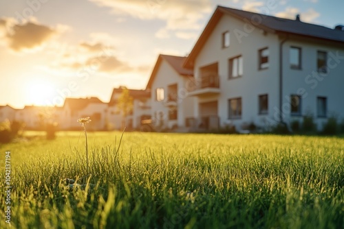 Wallpaper Mural Sunset view of green grass and modern homes in a tranquil neighborhood during golden hour Torontodigital.ca