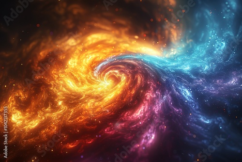 A colorful swirl of space with a bright orange and blue center