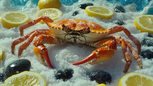 Fresh Crab Among Lemons and Ice for Culinary Use photo