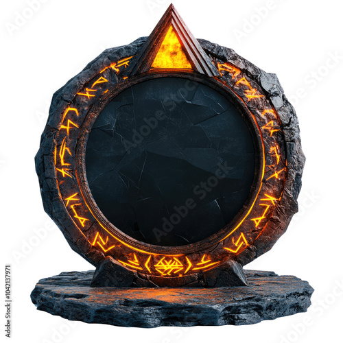 A mystical stone portal with glowing runes, set against a transparent background for fantasy and gaming themes.