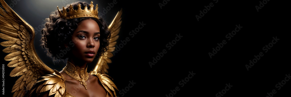 banner black woman with gold wings and gold crown on black background cinematic light with empty space for text or for design banner black woman with gold wings and gold crown on black background cinematic light with empty space for text or for design