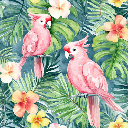 A tropical paradise in watercolor featuring pink cockatoos, lush palm leaves, and bright exotic flowers in a seamless design. The playful parrots and vibrant flora make it perfect for tropical-themed