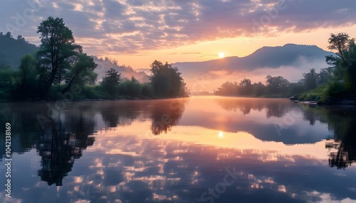 A peaceful river landscape at sunrise, with mist rising above the water and reflections of the surrounding trees and mountains. Gentle light filters through the clouds, creating a serene.