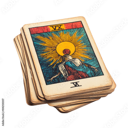 A set of vibrant tarot cards featuring intricate designs and symbolism, isolated on a white background.