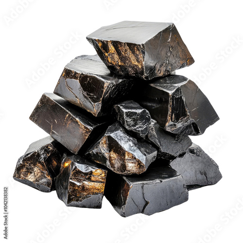 A stack of glossy black obsidian rocks on a white isolated background, showcasing natural beauty and mineral composition.