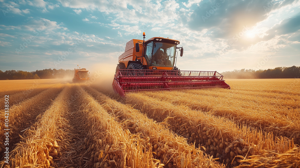 Obraz premium Combine Harvester and Tractors Loading Crops in Rural Field under Blue Sky