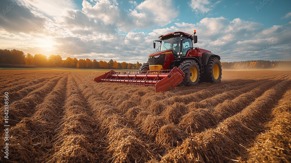 Fototapeta premium Combine Harvester and Tractors Loading Crops in Rural Field under Blue Sky